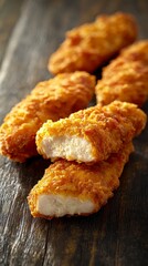 Three golden air-fried chicken tenders arranged neatly on a rustic wooden table ready for a flavorful meal