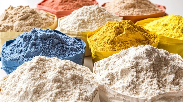 A colorful array of gluten-free baking powders in various hues displayed in bags for creative culinary use