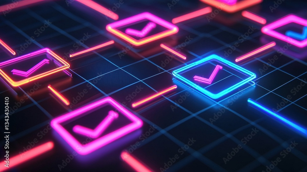 Aufkleber create opportunities strategy goal-setting concept. neon checkmarks on a digital grid background.