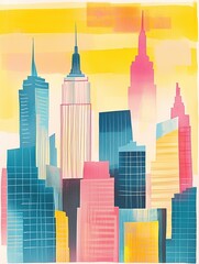 Fototapeta premium Risograph marker illustration of towering skyscrapers in neon pastel pink, blue, and yellow colors