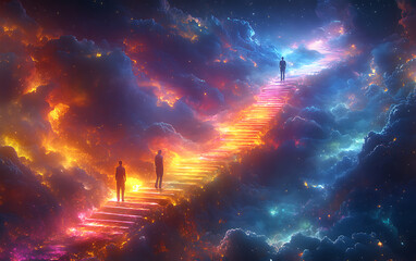 Obraz premium Surreal Forked Path with Floating Trees and Staircases 