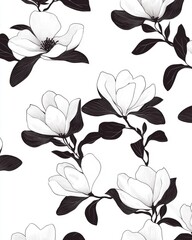 White magnolia silhouettes in rhythmic pattern on white background