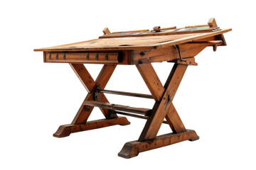 A vintage wooden drafting table in a bright studio filled with artistic inspiration