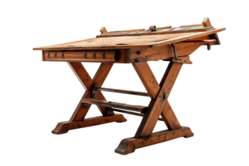A vintage wooden drafting table in a bright studio filled with artistic inspiration
