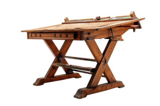 A vintage wooden drafting table in a bright studio filled with artistic inspiration
