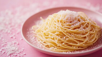 A vibrant plate of spaghetti pasta, adorned with a delicate sprinkle of pink sea salt, sits against a striking pink background, evoking a sense of summery freshness and Italian charm.