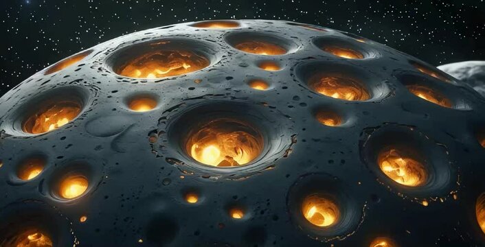 A highly detailed, futuristic celestial body floating in the vastness of space. The planet's surface is covered in deep, circular craters of various sizes, resembling a porous, metallic sphere