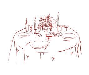 Festive table, whimsical line illustrations. Wedding invitation, menu.
