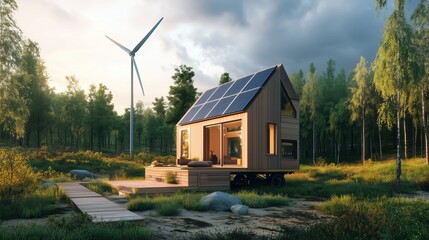 Obraz premium A self-sufficient tiny house with solar panels and a wind turbine