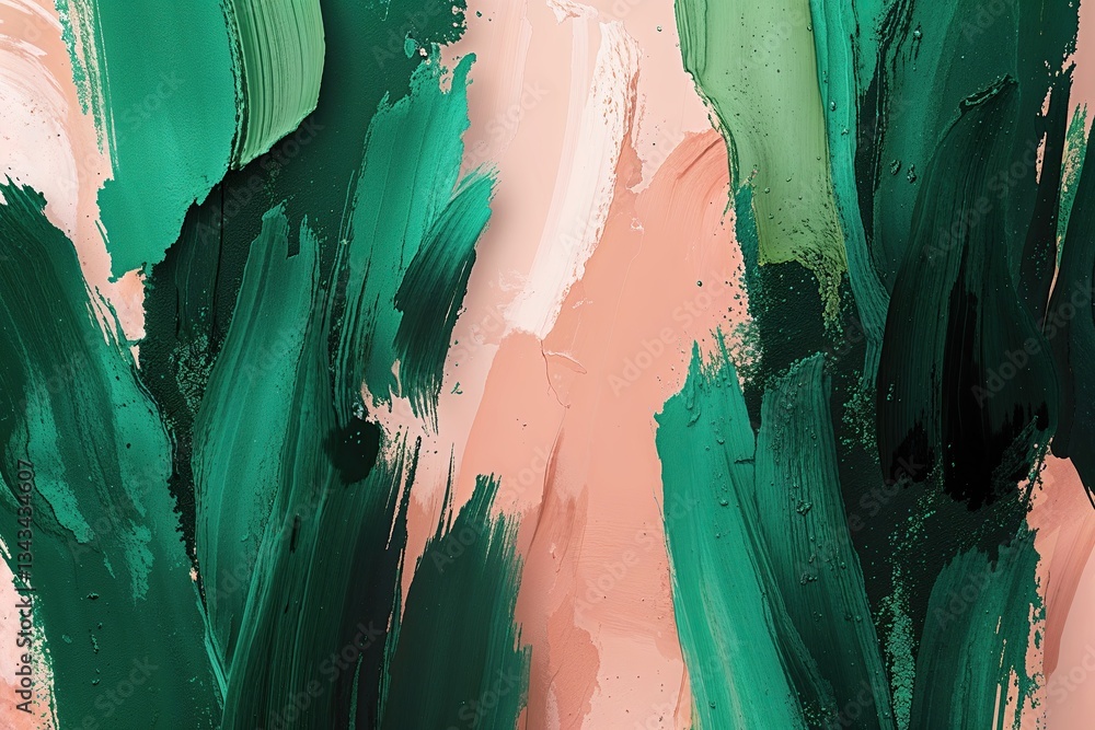 Poster captivating abstract background texture with lush emerald green and soft peach brush strokes