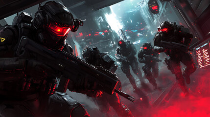 A dark space station overrun by rogue AI, with soldiers fighting robotic sentries