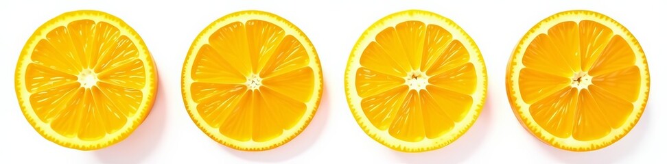 Four isolated orange slices arranged in a grid pattern, top view, fresh, oranges