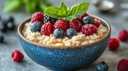 A comforting embrace of creamy oatmeal porridge, studded with plump berries and topped with a drizzle of golden honey.