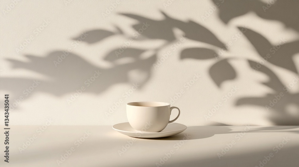 Poster A serene moment unfolds as soft shadows of leaves cast intricate patterns around a minimalist cup and saucer. Light filters through, creating a tranquil atmosphere perfect for reflection