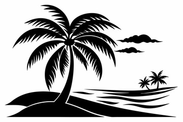 beach with palm tree line art silhouette vector illustration