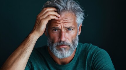 Fototapeta premium This expressive image showcases a worried man running his hand through his grey hair, presenting a relatable depiction of the emotional struggles many face as they navigate their thoughts.