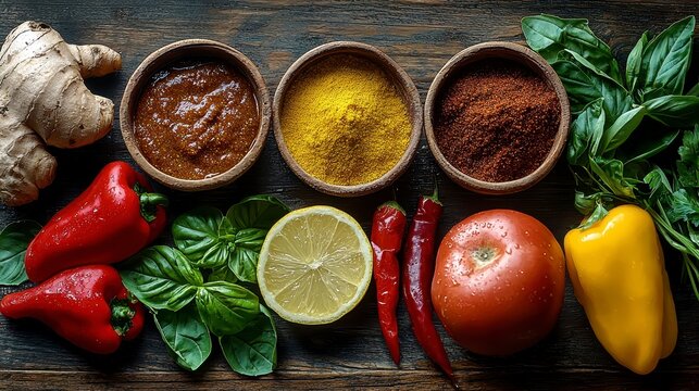 Colorful variety of spices and fresh vegetables artfully arranged for a flavorful jamaican jerk marinade preparation