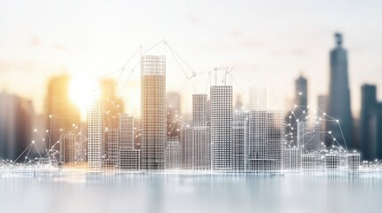 Modern City Skyline with Digital Overlay and Sunset Background