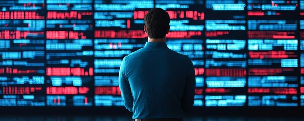 Big data analytics concept. A person stands in front of a large screen displaying colorful data, suggesting an analytical or technological environment.