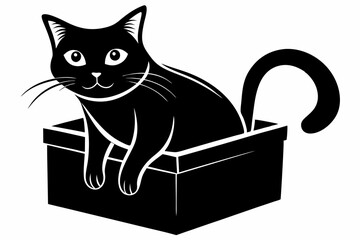 cat in box line art silhouette vector illustration