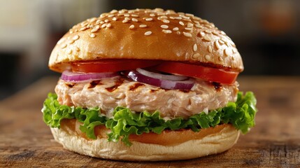 A symphony of flavors unfolds on a crusty white loaf: succulent grilled tuna, crisp lettuce, juicy tomato, tangy onion, and creamy mayonnaise, all nestled in a toasted sesame seed bun.