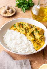 Chicken curry with rice. Tikka Masala. Indian food.