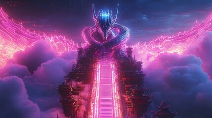A neon robotic dragon perched on top of a futuristic tower