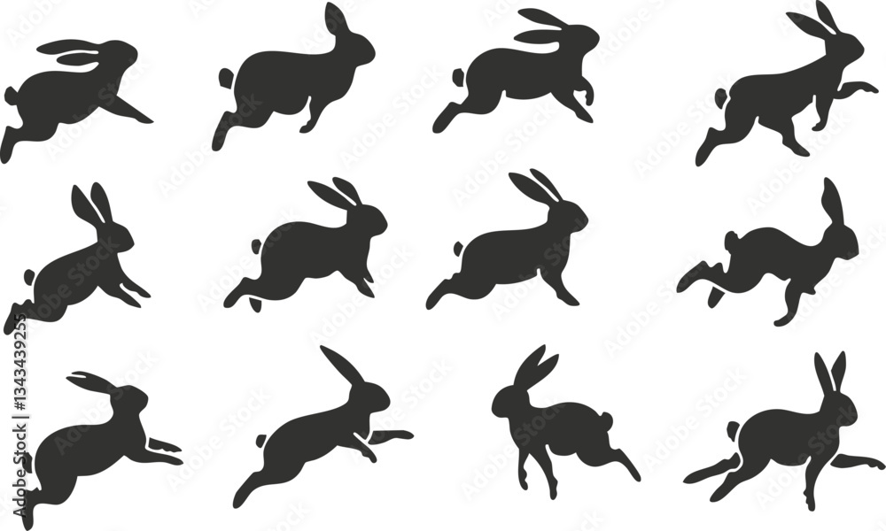 Poster silhouette rabbits jumping and running in various poses