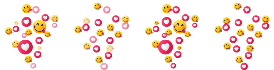 Sets of exciting loving emojis featuring happy faces and hearts for conveying love, affection, like, interest, care and uplifting positive emotions in digital communication reaction