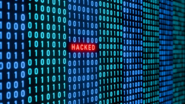 Computer hacked warning sign, binary code with red signal, cyber crime. Damaged, malfunction, zero and one, problems, bit, byte, error, system failure. 3D animation