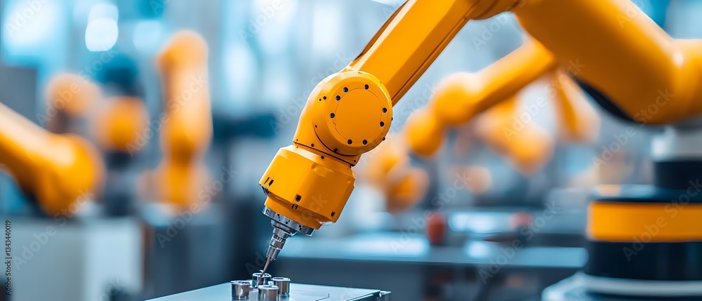 Poster a close-up view of a robotic arm functioning in a modern manufacturing facility. the automated techn