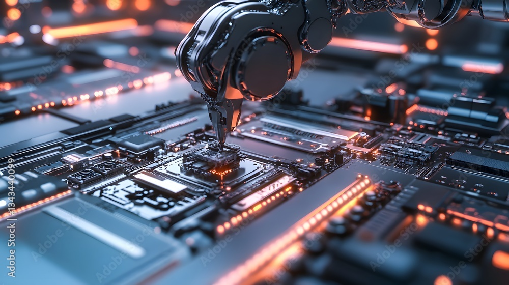 Poster a close-up view of a robotic arm soldering microchips on a circuit board. this futuristic image show