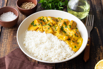 Chicken curry with rice. Tikka Masala. Indian food.