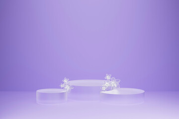 3D realistic podium background. Set of three frosted glass cylindrical podiums on light violet. Glass spring flowers as decor, 3d rendering. Blossom stage for placement product, presentation pedestal.