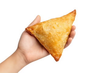 A hand holds a golden-brown, triangular pastry filled with savory ingredients, showcasing its flaky texture and appetizing appearance, Transparent background.