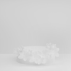 3D realistic podium background - white cylindrical pedestal on white background. White spring flowers wreath as decor, mockup, 3d rendering. Spring stage for placement product, showcase platform.