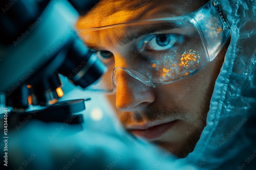 Poster scientist analyzing virus through microscope in laboratory research