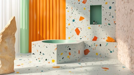 Light-filled bathroom featuring terrazzo tiles with vibrant stone fragments, creating a playful and artistic environment