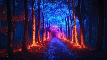 A neon digital forest where trees glow with bioluminescent light