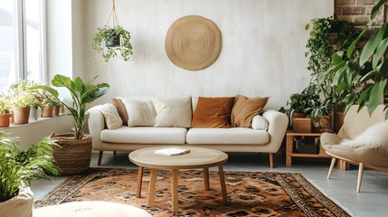 A cozy living room featuring a comfortable couch adorned with soft pillows, a stylish coffee table, and lush green plants that enhance the inviting atmosphere of the space.