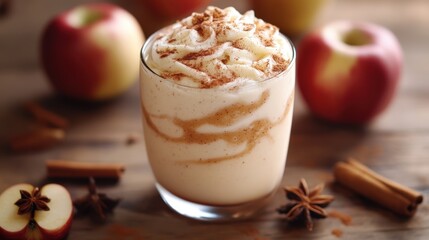 A symphony of flavors and scents, apple cider floats, with cinnamon-spiced swirls and a hint of nutmeg, inviting cozy autumn days and chilly evenings.