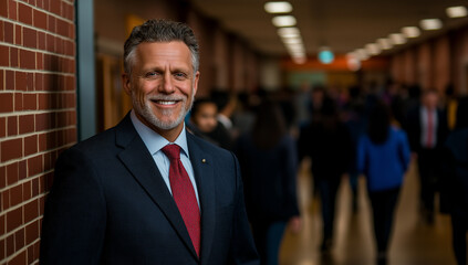 Fototapeta premium confident middle aged man in suit smiles warmly in school hallway, surrounded by students. His professional demeanor reflects leadership and approachability
