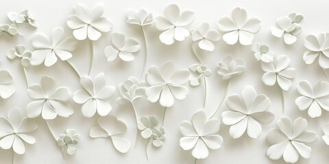 Fototapeta premium Scattered white clover silhouettes on playful white background