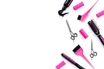 Layout of hairdresser tools set, top view. Combs and scissors on white background