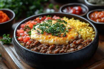 South African bobotie, a baked minced meat dish topped with golden egg custard, served with yellow rice, chutney, and sambals, presented on a rustic wooden table with natural light