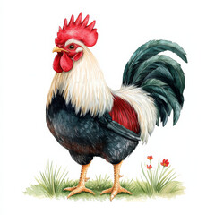 Fototapeta premium colorful rooster stands proudly in grassy field, showcasing its vibrant feathers and distinctive comb, symbolizing farm life and nature beauty