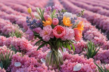 Vibrant Spring Flower Arrangement in Pink Field Featuring Seasonal Blossoms and Petals