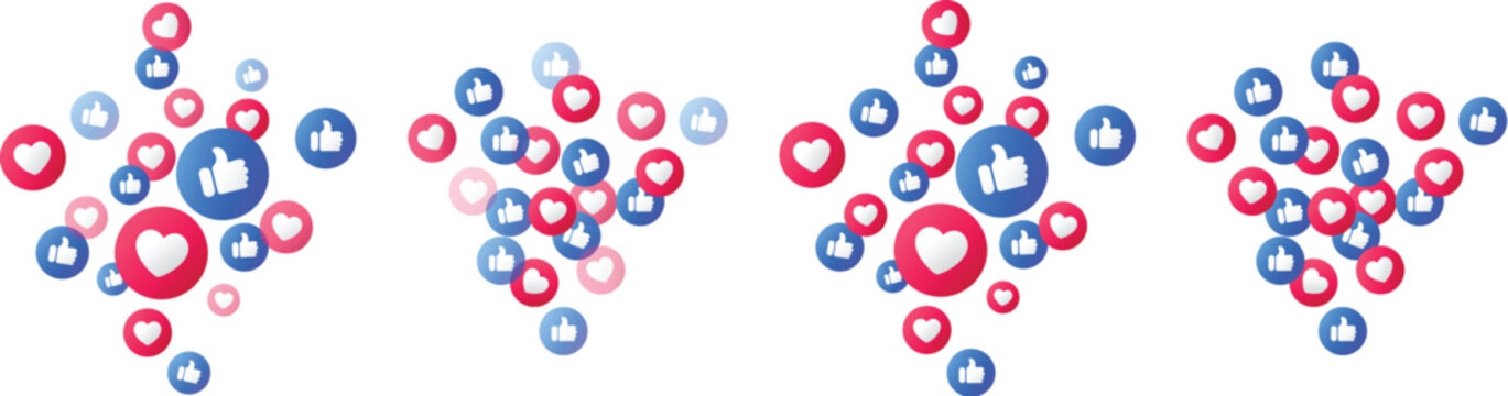 Thumbs up and hearts emoji icons floating on transparent background, representing positive feedback and approval on Facebook, Instagram and social media platforms