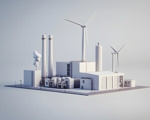 A modern industrial complex showcasing renewable energy sources, including wind turbines and smokestacks, symbolizing innovation in sustainable technology.