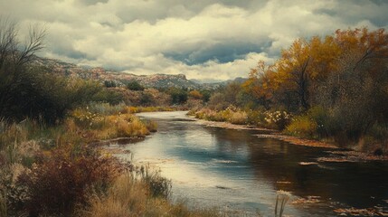 Obraz premium Verde River Arizona. Cloudy Day Landscape with Autumn Water View